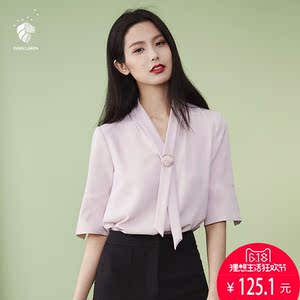 范思蓝恩雪纺上衣职业装女夏V领蝴蝶结百搭白衬衫女短袖韩范衬衣女士职业装