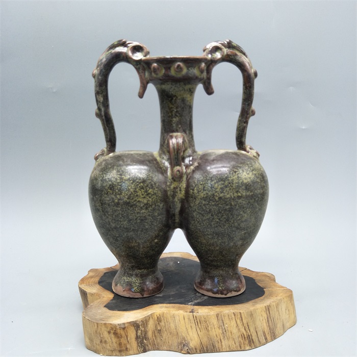 越窑茶叶末釉双耳龙纹双胞胎瓶 仿古做旧宋代古瓷器 收藏古玩古董