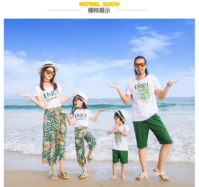 2019新款夏装亲子装短袖套装沙滩服全家装海边度假风一家4口姐弟