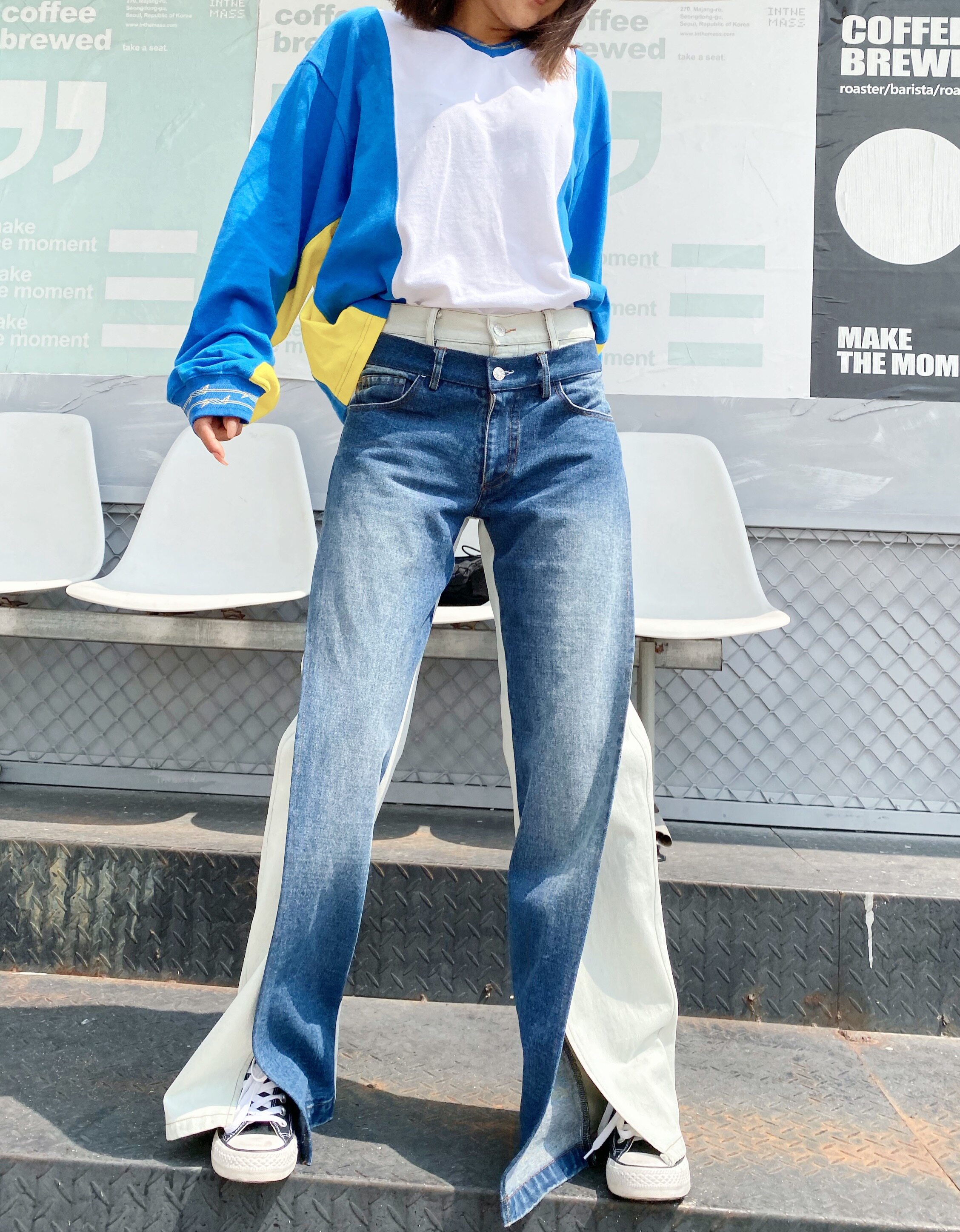 chichidivas 喇叭裤女2019新款拼接撞色阔腿裤开叉双腰设计牛仔裤
