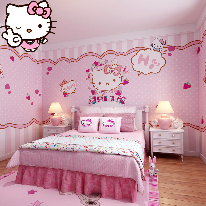 凯蒂猫hellokitty3d创意装饰壁纸粉色女孩房墙纸温馨公主卧室墙布