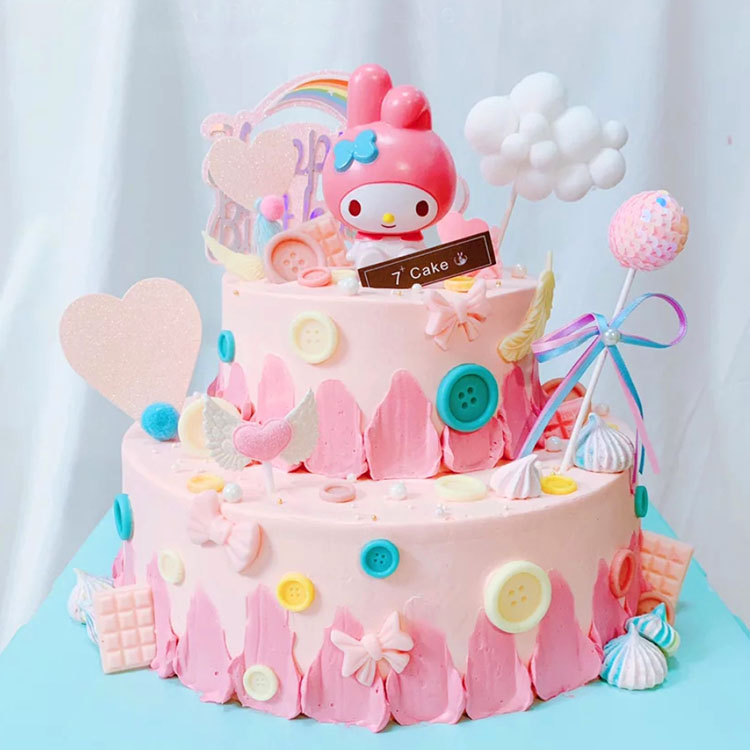 粉色兔宝宝蛋糕摆件云朵彩虹爱心流苏套装女孩女士生日蛋糕装饰l