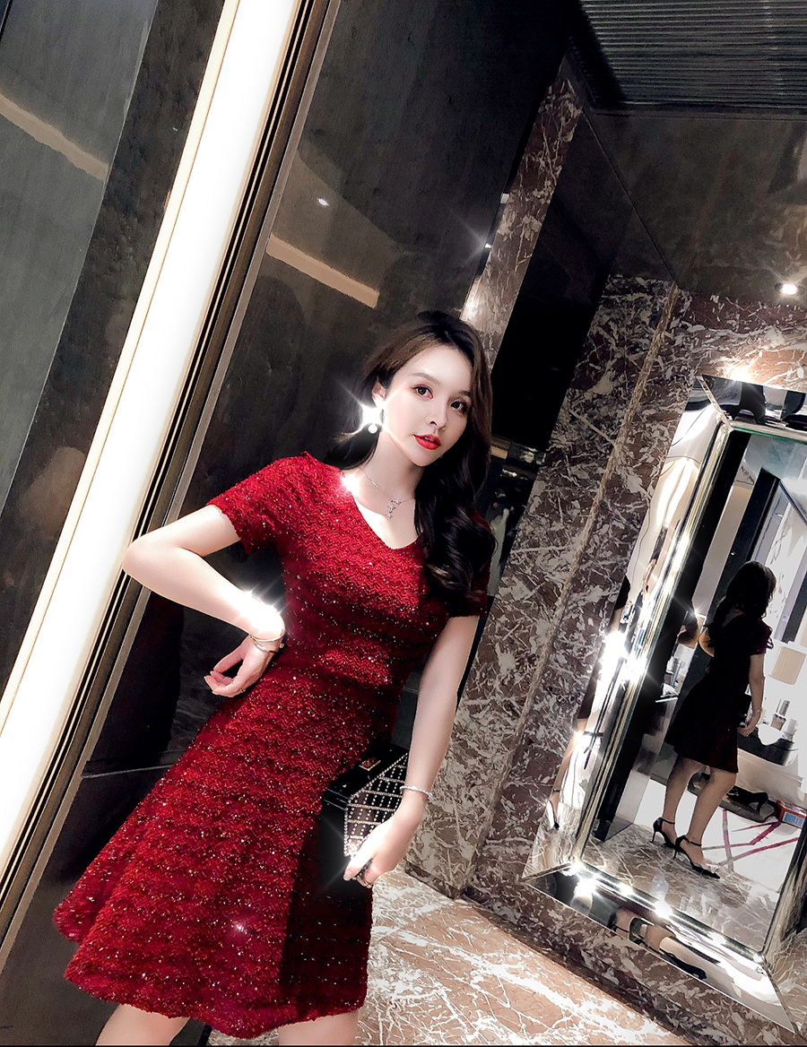 小茵家2019女装新款气质修身针织亮丝连衣裙小红裙v领a字裙短袖