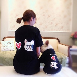 宠物亲子装春夏款T恤法斗衣服巴哥泰迪雪纳瑞小型犬两脚纯棉透气法斗服装