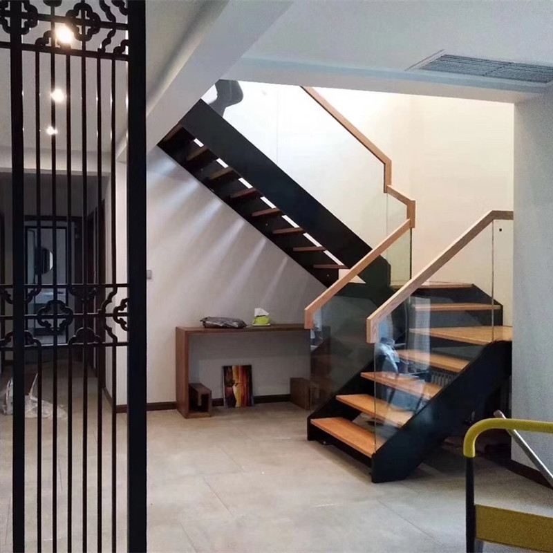 钢化玻璃楼梯家用现代简约实木护栏扶手踏步栏杆双梁定制玻璃楼梯