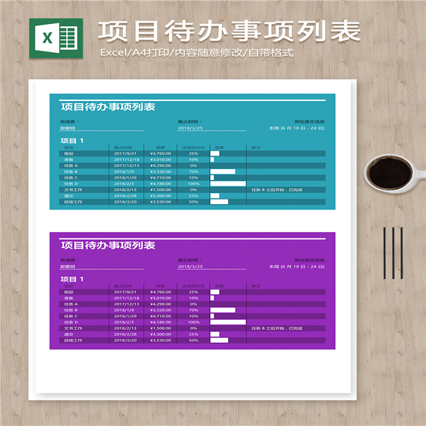 项目待办事项列表 提醒表 excel 表格 模板 甜心素材