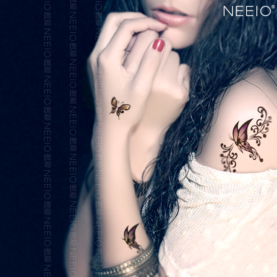 neeio纹身贴 新版魅色蝴蝶 性感暗金色系脚踝手臂 纹身贴纸防水女