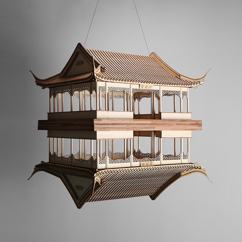 现货 中空玲珑堂新中式古建筑模型榫卯园林建筑模型木质工艺品摆