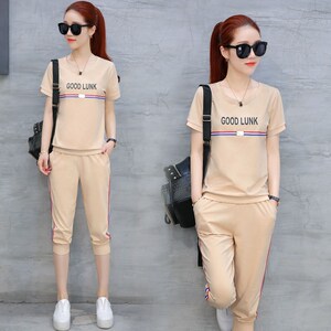 品牌2018夏季新款运动服时尚大码高档短袖七分裤两件套休闲套装女品牌运动服