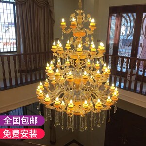 欧式复式楼挑空别墅客厅大吊灯三层黄龙玉石楼中楼跃层水晶长吊灯水晶吊灯