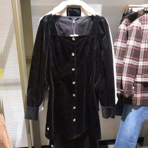 UR  COSSAN女秋冬纯色灯芯绒方领收腰打底A字连衣裙WE48R7EN2000