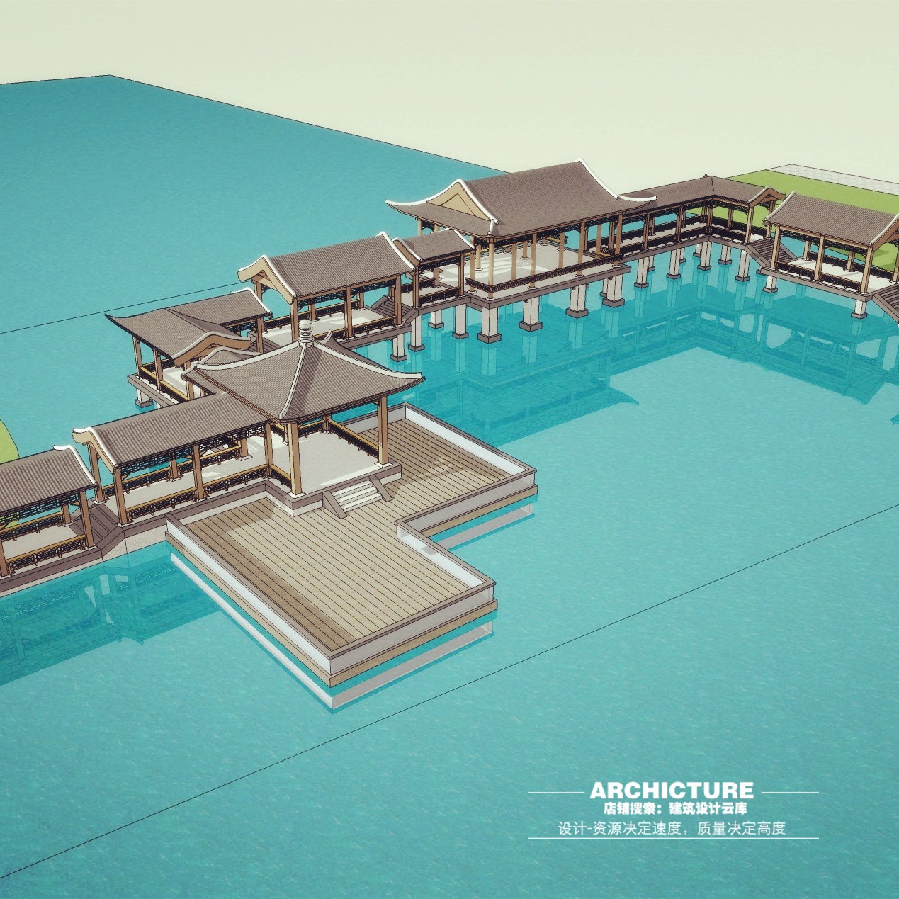 中式古典木制水上廊桥坡屋顶景观亭休息平台建筑设计草图su模型