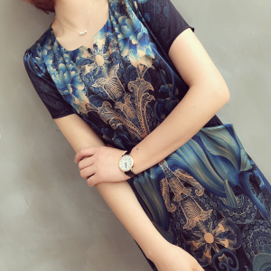 玛氏服饰 19姆米真丝弹力缎 2018春夏装新款宽松妈妈装大码连衣裙真丝连衣裙
