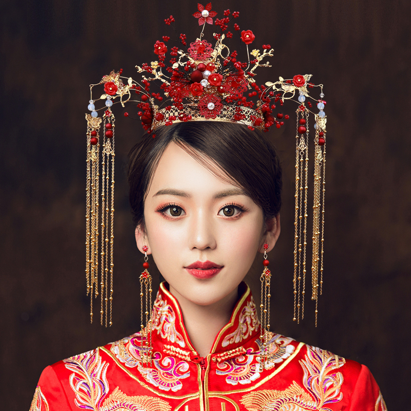 秀禾服头饰新娘秀禾中式大气结婚复古凤冠龙凤褂古装发饰古风饰品