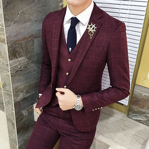 新郎结婚西服套装男士格子三件套小西装男套装伴郎团礼服韩版修身西装
