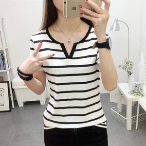 2017韩版夏装新款女装条纹显瘦半袖上衣服女士修身短袖T恤打底衫女装夏