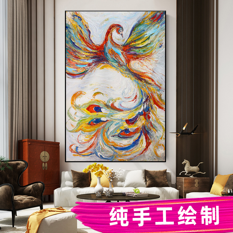 纯手工油画定制孔雀玄关过道装饰画彩色凤凰抽象挂画现代简约墙画
