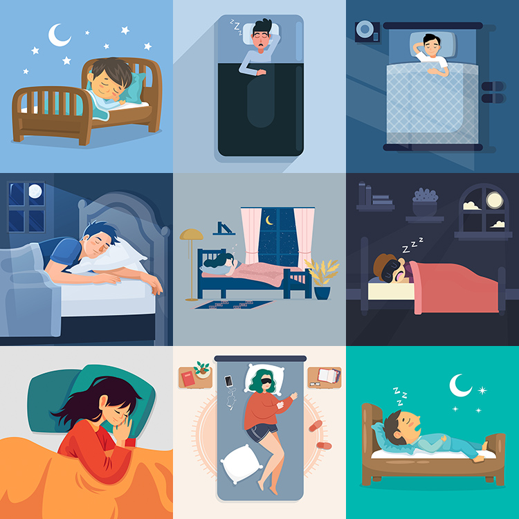 睡觉人物插画ai矢量素材 扁平化卡通夜晚睡姿睡眠场景 设计素材
