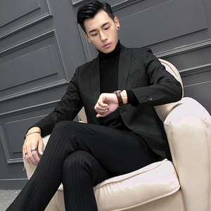 2018新款韩版修身条纹男士小西装套装休闲英伦礼服春夏西服外套潮男士西装