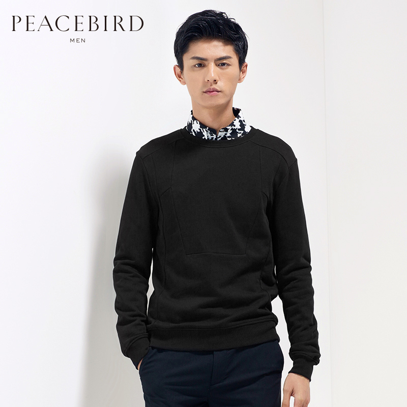 太平鸟男装正品 时尚黑色圆领卫衣\\/韩版带绒外
